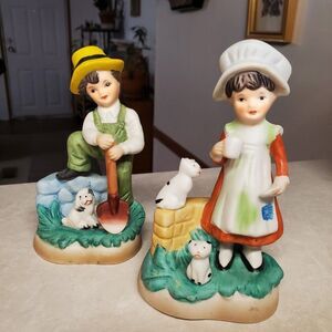 Vintage Ceramic Boy With Shovel And Girl With Tea Cup Bisque Figurine  5x3"